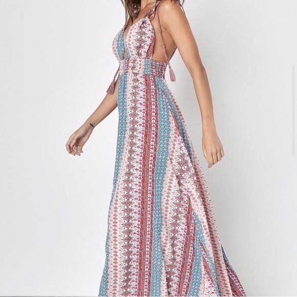 Lulu's Womens Size S Maxin' Relaxin' Blue Multi Print Sleeveless Tie-Strap Maxi - Picture 2 of 14